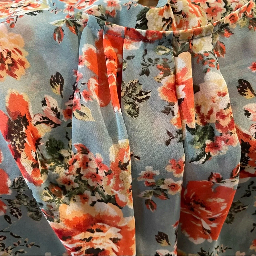Junior Misses Forever XXI Aqua Coral Floral Sheer Top Size M - Picture 10 of 10